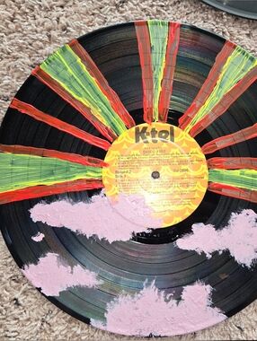 Hand-Painted Vinyl Record Wall Art - Black with Pink, Red & Lime Accents
